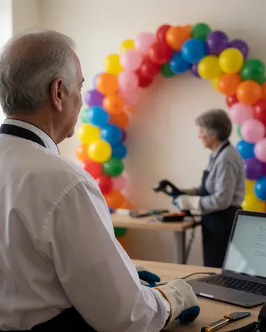 Une cliente regarde un arc de ballons coloré pendant qu'une professionnelle travaille sur la décoration d'un événement dans un espace intérieur bien éclairé.