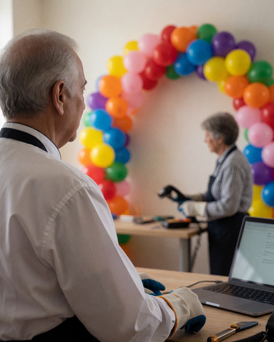 Une cliente regarde un arc de ballons coloré pendant qu'une professionnelle travaille sur la décoration d'un événement dans un espace intérieur bien éclairé.
