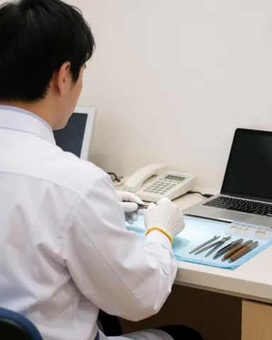 Technicien de perçage avec des gants stérilisant des instruments sur une surface stérile dans une clinique, avec un ordinateur portable et un téléphone en arrière-plan