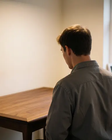 Un client examine une table en bois restaurée dans un atelier de réparation de meubles aux murs blancs et à l'éclairage chaleureux.