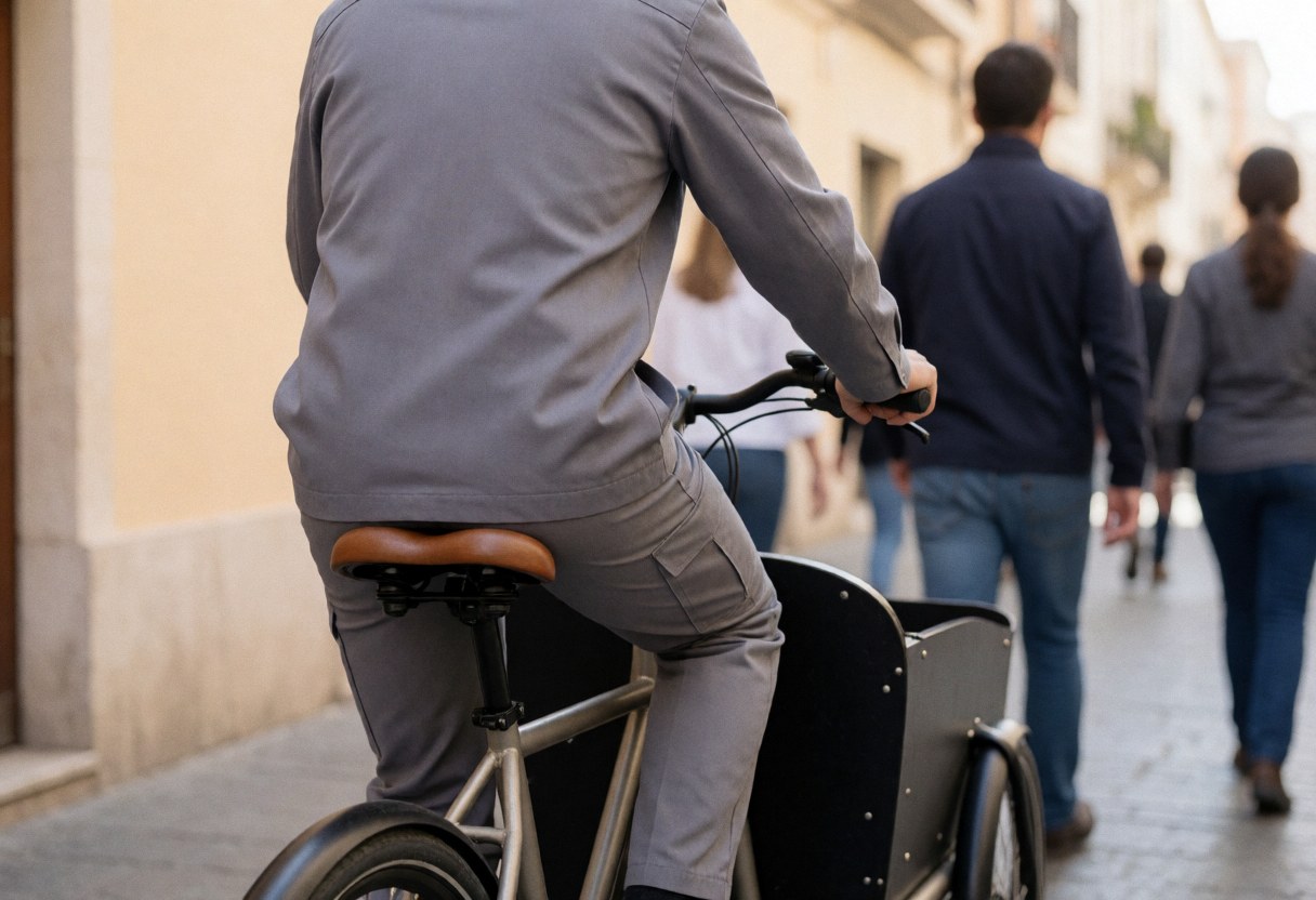 Cycliste professionnel sur un vélo cargo équipé d'un siège en bois, dans une rue piétonne aux murs beiges, évoquant un service de transport urbain durable.
