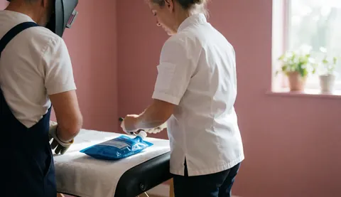 Un masseur applique du glace sur un traitement sportif sur une table avec une serviette blanche, un mur rose et une fenêtre avec des plantes.
