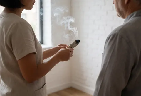 Un praticien de reiki réalise un nettoyage énergétique avec un bâton de saume devant un client, dans un cadre professionnel et apaisant.