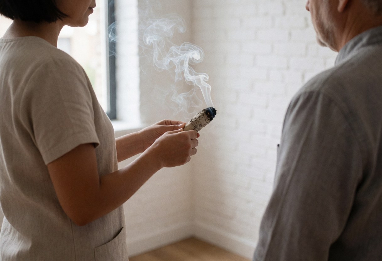 Un praticien de reiki réalise un nettoyage énergétique avec un bâton de saume devant un client, dans un cadre professionnel et apaisant.