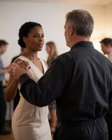Un couple danse le tango dans un salon éclairé par des lumières chaudes, avec d'autres danseurs visibles en arrière-plan.