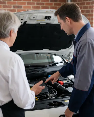 Un technicien et un client examinent un moteur propre dans un atelier avec un mur en briques, illustrant un travail de carrosserie et de peinture.