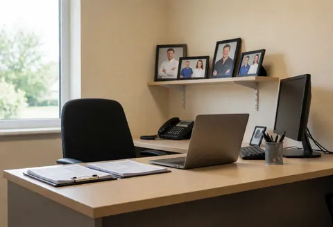 Bureau de bureau avec ordinateur portable, photos d'instructeurs sur une étagère et fenêtre avec lumière naturelle, idéal pour un dojo de karaté.