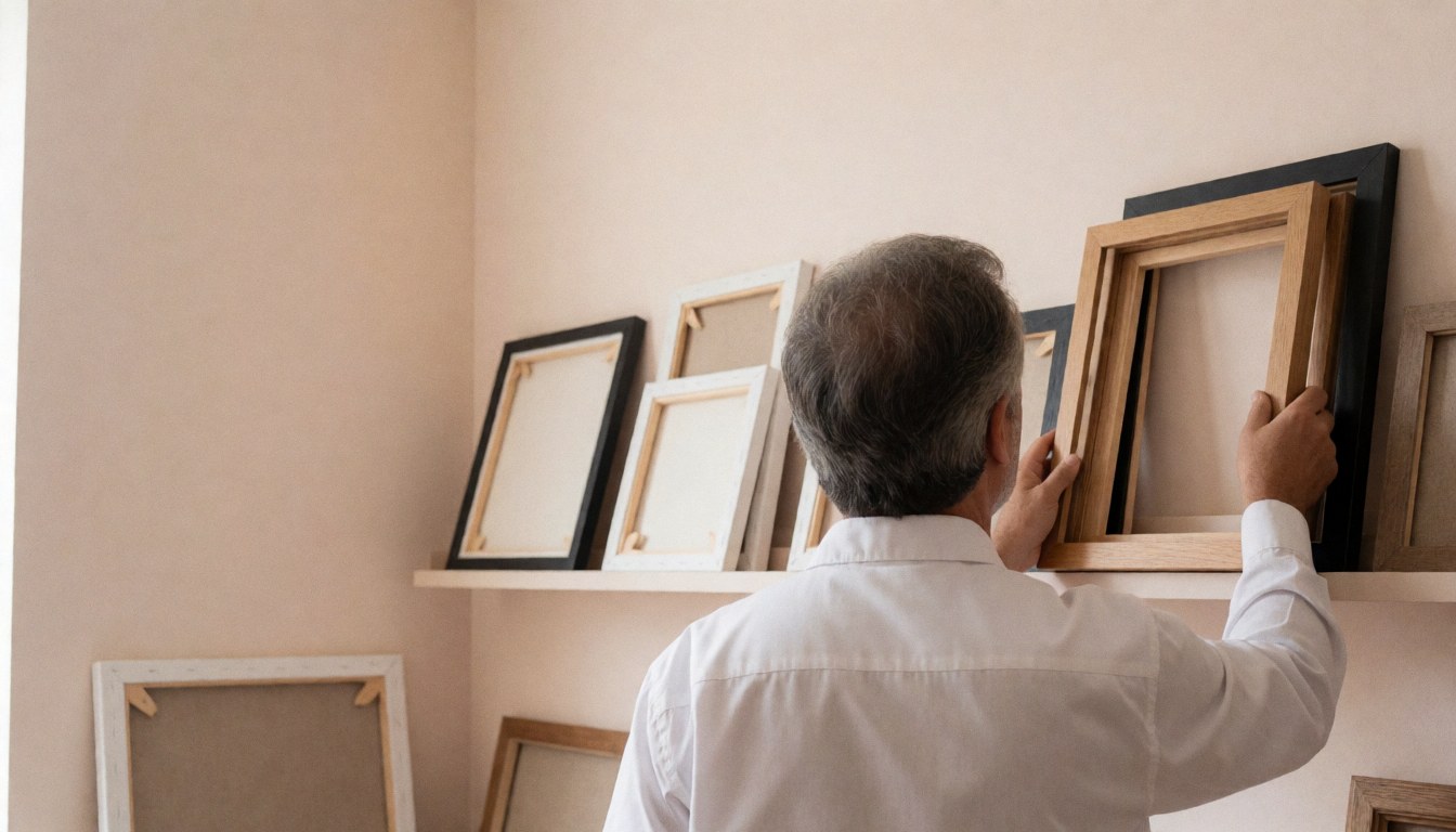 Un homme adulte sélectionne un cadre en bois dans une boutique, avec des murs beige et une lumière naturelle, idéal pour une page d'accueil de site web.