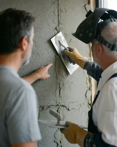 Un maçon applique du plâtre sur un mur pendant qu'un client indique la surface travaillée, illustrant un chantier en cours.