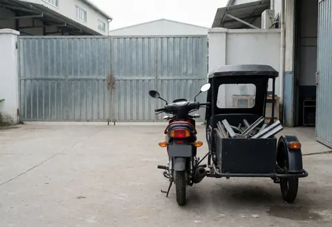 Moto-taxi équipé d'un sidecar rempli de métal, stationné devant une porte métallique de garage industriel sur un sol en béton sous un ciel nuageux.