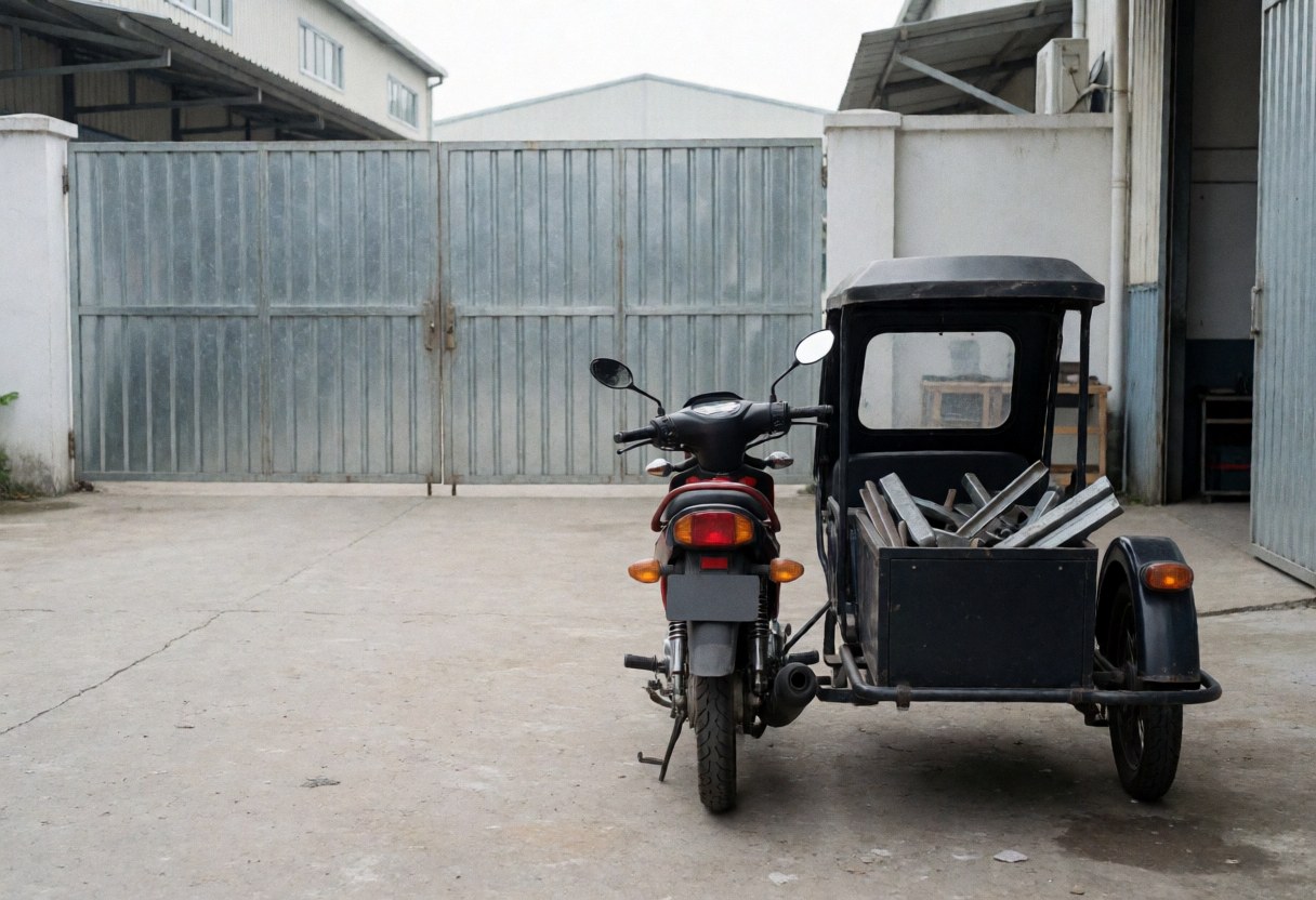 Moto-taxi équipé d'un sidecar rempli de métal, stationné devant une porte métallique de garage industriel sur un sol en béton sous un ciel nuageux.
