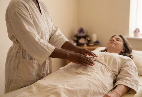 Pratique de reiki avec une cliente allongée sur une table de massage, mains sur l'abdomen, ambiance sereine avec un autel de cristaux.
