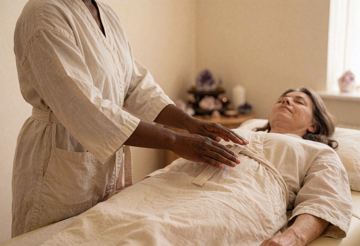 Pratique de reiki avec une cliente allongée sur une table de massage, mains sur l'abdomen, ambiance sereine avec un autel de cristaux.