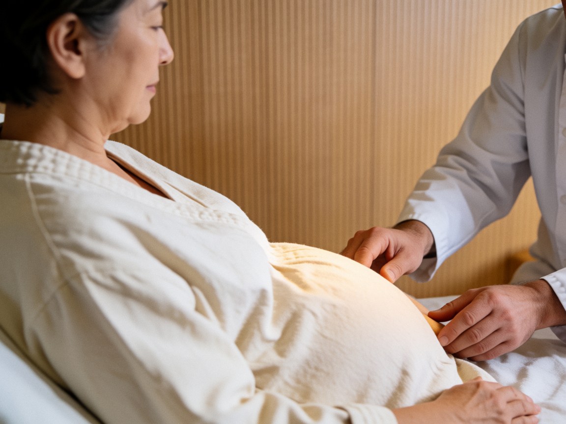 Mains d'un praticien reiki posées sur le ventre d'une cliente enceinte, dans un cadre en bois clair avec une lumière chaleureuse évoquant le bien-être.