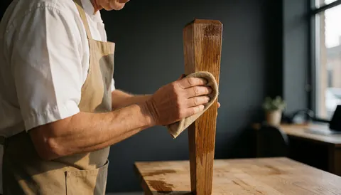 Un homme en tablier applique de l'huile sur une jambe de table en bois dans un atelier aux murs gris et à la lumière naturelle, idéal pour un artisanat du bois.