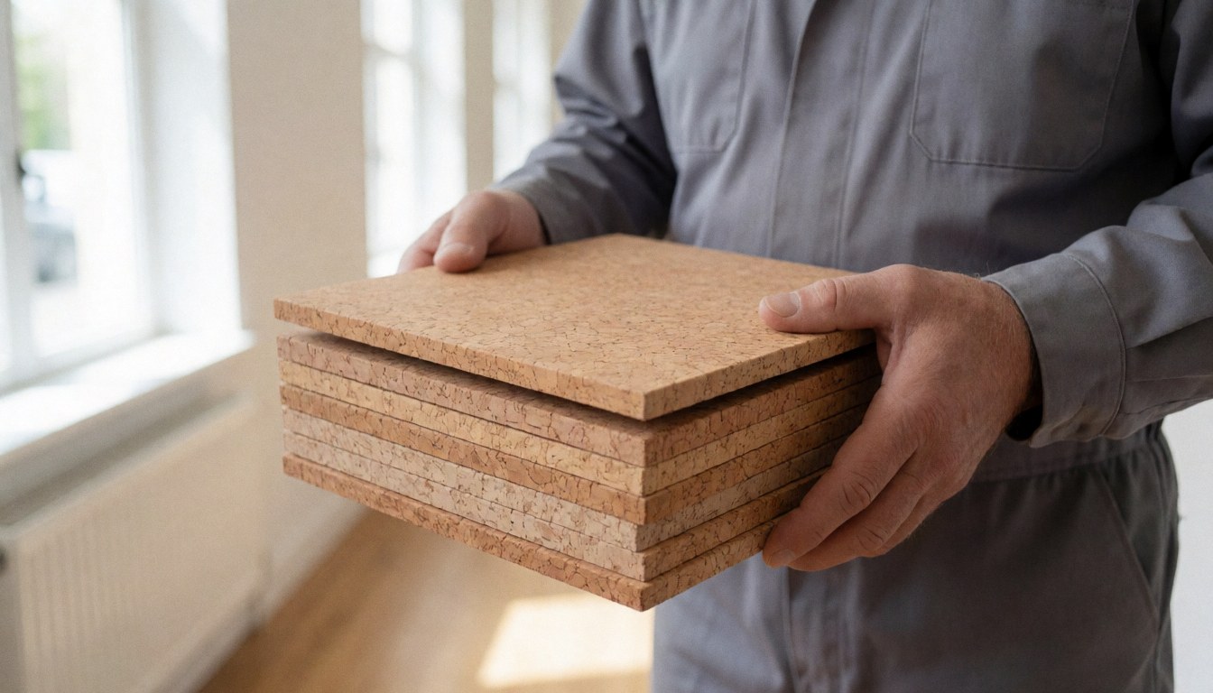 Une main tenant des lames de liège à l'intérieur avec lumière naturelle, idéal pour un installateur de sols en liège.