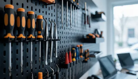Mur noir de perforations avec tournevis et pinces métalliques, fond professionnel pour réparation de téléphones