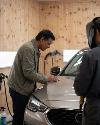 Une cliente examine le capot brillant d'une voiture dans un atelier de detailing avec des lumières LED, un professionnel avec un casque à ses côtés.
