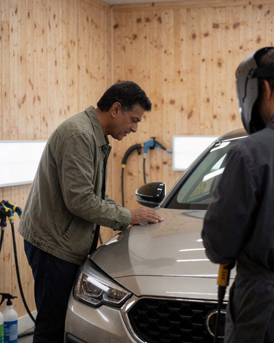 Une cliente examine le capot brillant d'une voiture dans un atelier de detailing avec des lumières LED, un professionnel avec un casque à ses côtés.