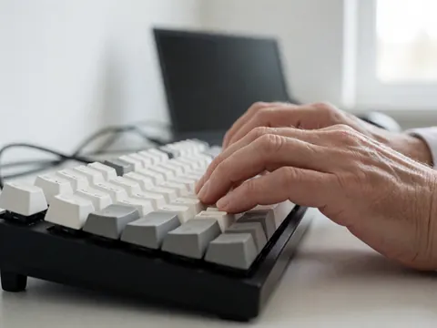 Des mains adultes saisissent les touches d'un clavier mécanique noir et blanc. Un ordinateur et des câbles de bureau sont visibles en arrière-plan, éclairés par une lumière naturelle douce.