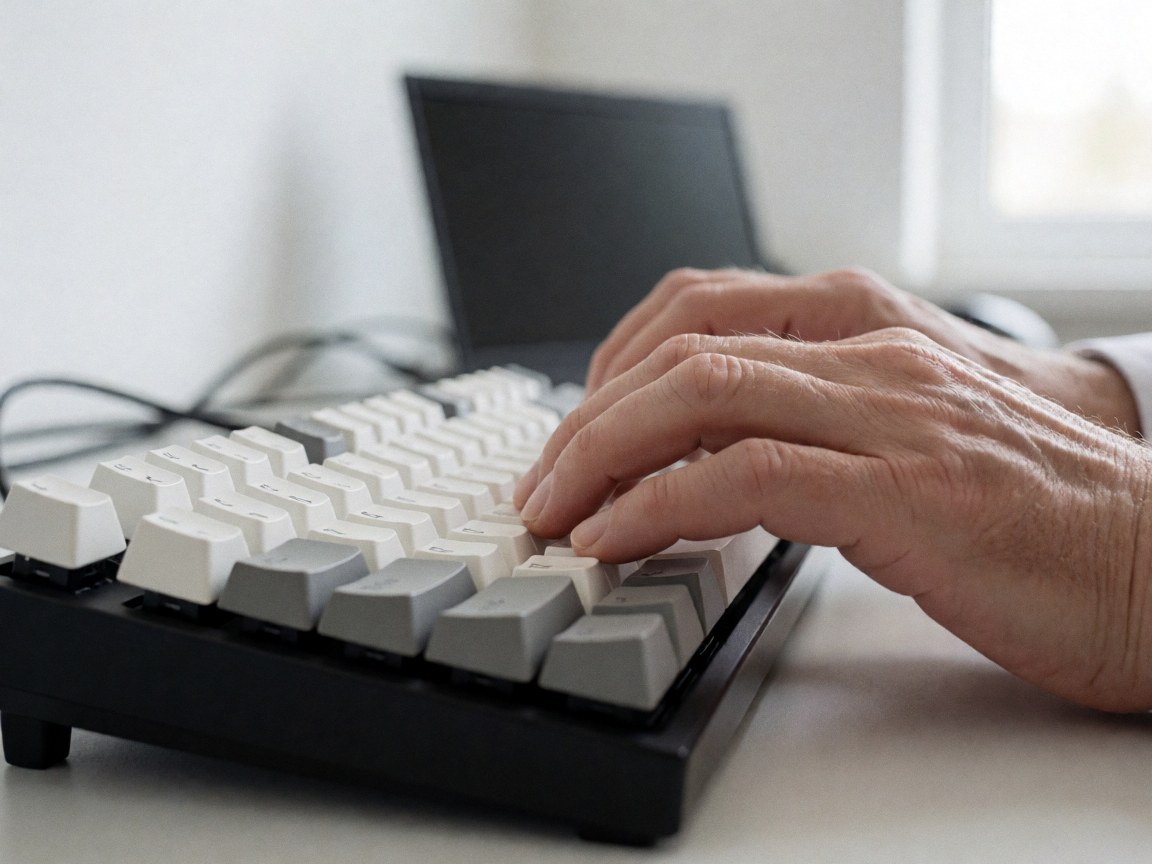 Des mains adultes saisissent les touches d'un clavier mécanique noir et blanc. Un ordinateur et des câbles de bureau sont visibles en arrière-plan, éclairés par une lumière naturelle douce.