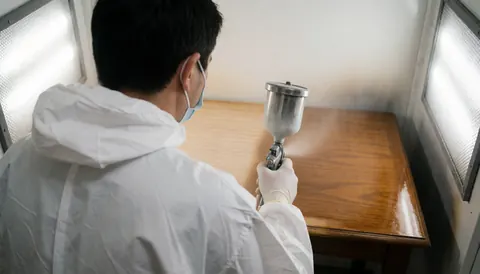 Un menuisier équipé d'un masque et de gants applique une finition brillante au pistolet sur une table en bois dans une cabine de peinture éclairée.
