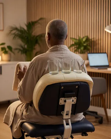 Cliente assise sur une chaise de massage avec trois ventouses en verre sur le dos, dans un salon aux murs en bois et plantes.