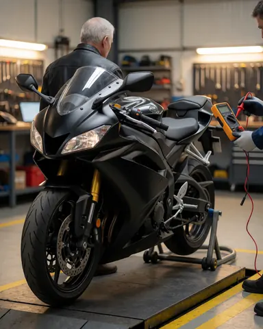 Vue arrière d'un client regardant un mécanicien tester la batterie d'une moto sportive noire dans un atelier avec des outils visibles.