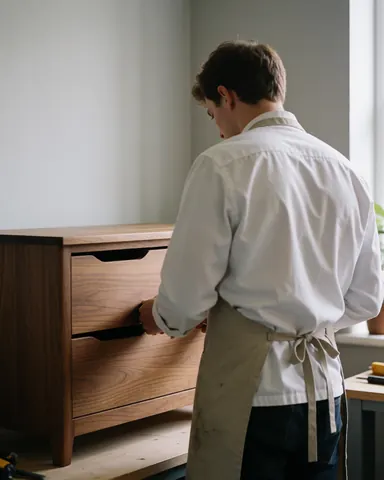 Un menuisier en tablier examine les tiroirs d'un meuble en bois dans un atelier éclairé par la lumière naturelle, avec des murs gris et des outils visibles.