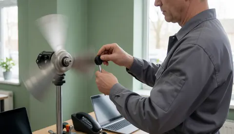 Un technicien ajuste le poids sur l'hélice d'un ventilateur en rotation dans un atelier avec des murs verts et une lumière naturelle.