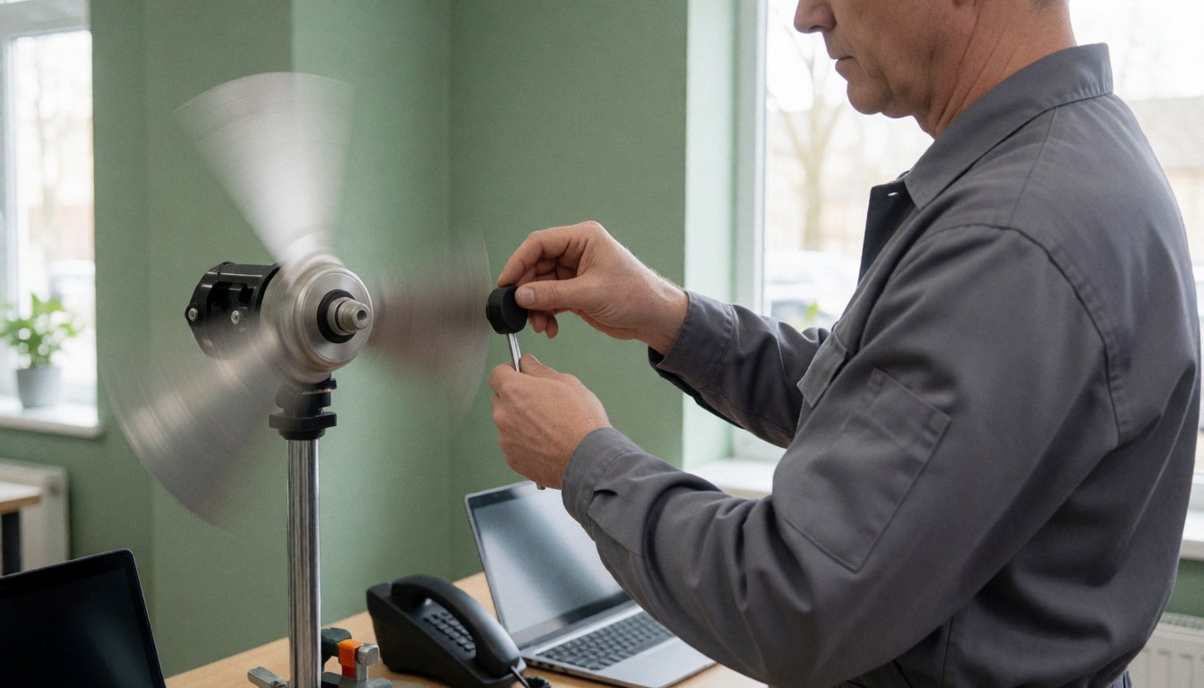 Un technicien ajuste le poids sur l'hélice d'un ventilateur en rotation dans un atelier avec des murs verts et une lumière naturelle.