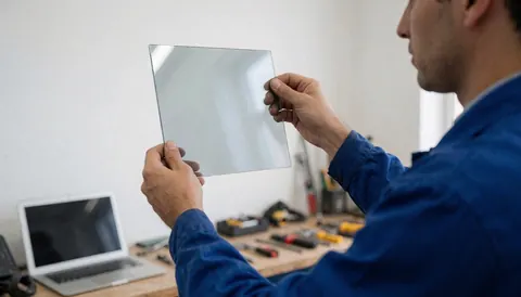 Technicien en atelier de réparation d'four inspectant une pièce de céramique réfractaire avec outils et ordinateur en arrière-plan.