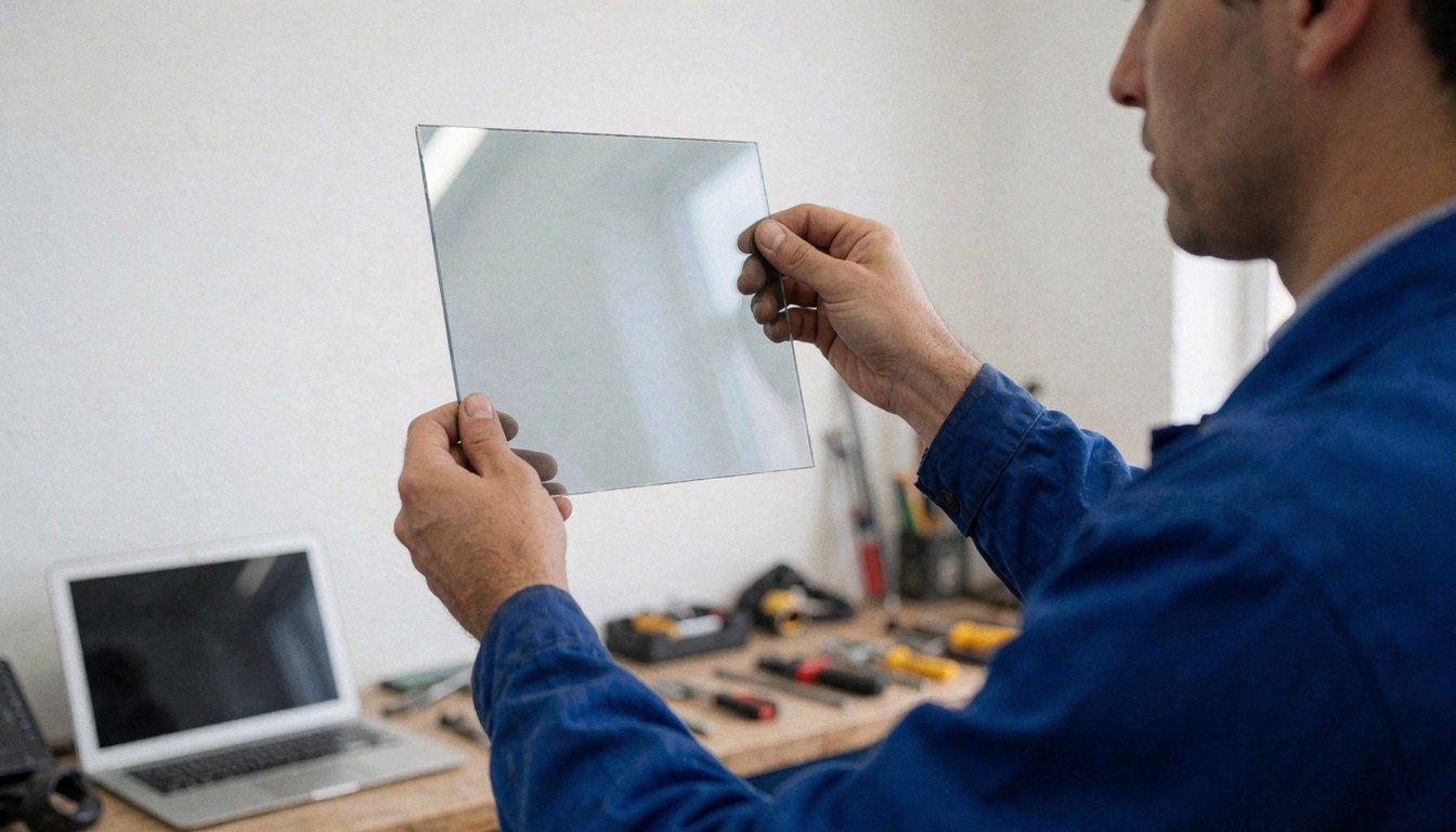 Technicien en atelier de réparation d'four inspectant une pièce de céramique réfractaire avec outils et ordinateur en arrière-plan.