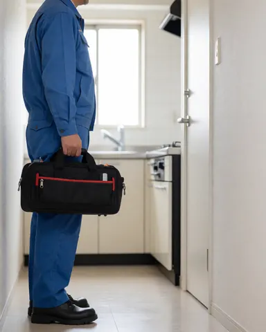 Un technicien en uniforme bleu tient une sacoche noire devant une cuisinière dans une cuisine moderne aux murs blancs.