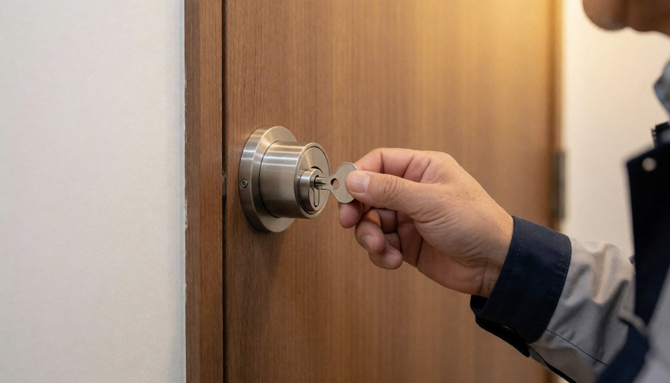 Main d'un professionnel insérant une clé dans une serrure de trois pouces fraîchement installée sur une porte en bois, avec un mur blanc et une lumière chaude.