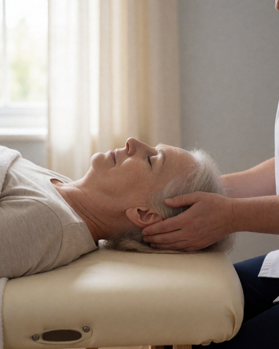 Des mains effectuent un massage de la tête sur un client allongé sur une table dans un espace lumineux aux murs gris.