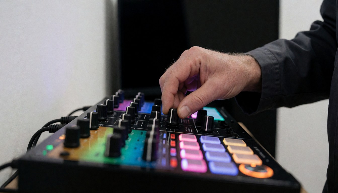 Main d'un DJ ajustant un bouton sur une unité d'effets éclairée par des lumières de scène, sur un fond blanc avec du matériel de fête.