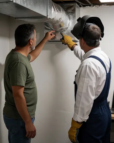 Technicien en tenue de protection montre une jointure scellée dans un conduit de chauffage pendant qu'un client observe dans un sous-sol à murs blancs.