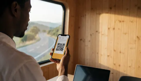 Un voyageur consulte son billet numérique sur un smartphone à l'intérieur d'un bus touristique aux parois en bois, baigné par la lumière dorée du coucher de soleil.