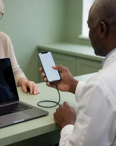 Technicien en réparation examine un smartphone branché sur un câble. Un client tient le téléphone dans un atelier propre aux murs verts.