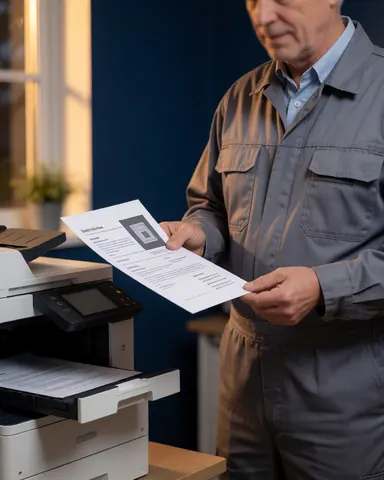 Un technicien en uniforme gris examine une page imprimée avec texte et graphiques sur une imprimante multifonction, dans un bureau avec mur bleu et lumière chaude.