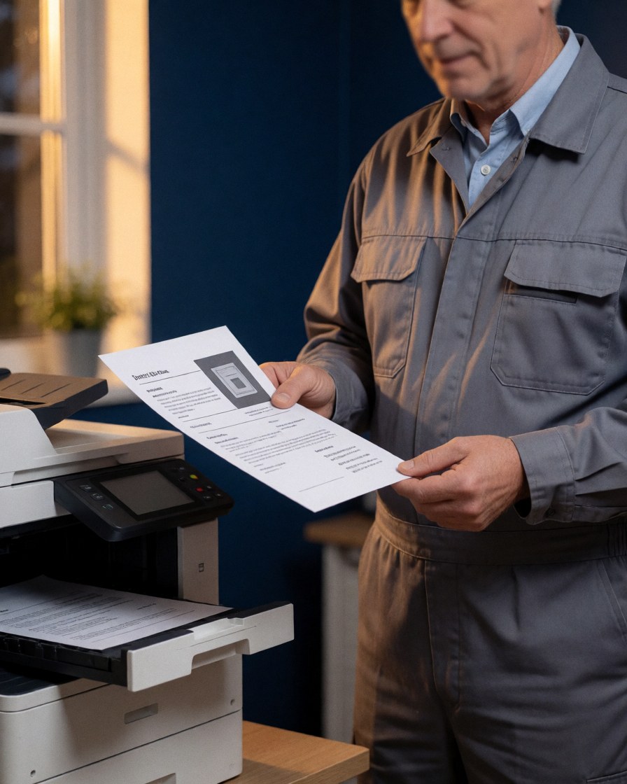 Un technicien en uniforme gris examine une page imprimée avec texte et graphiques sur une imprimante multifonction, dans un bureau avec mur bleu et lumière chaude.