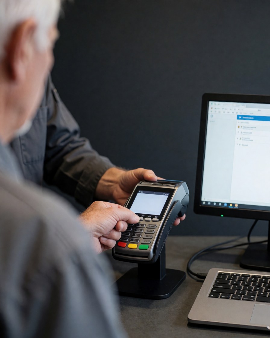 Une cliente utilise sa carte bancaire pour payer sur une borne de stationnement, avec un écran et un clavier visibles.