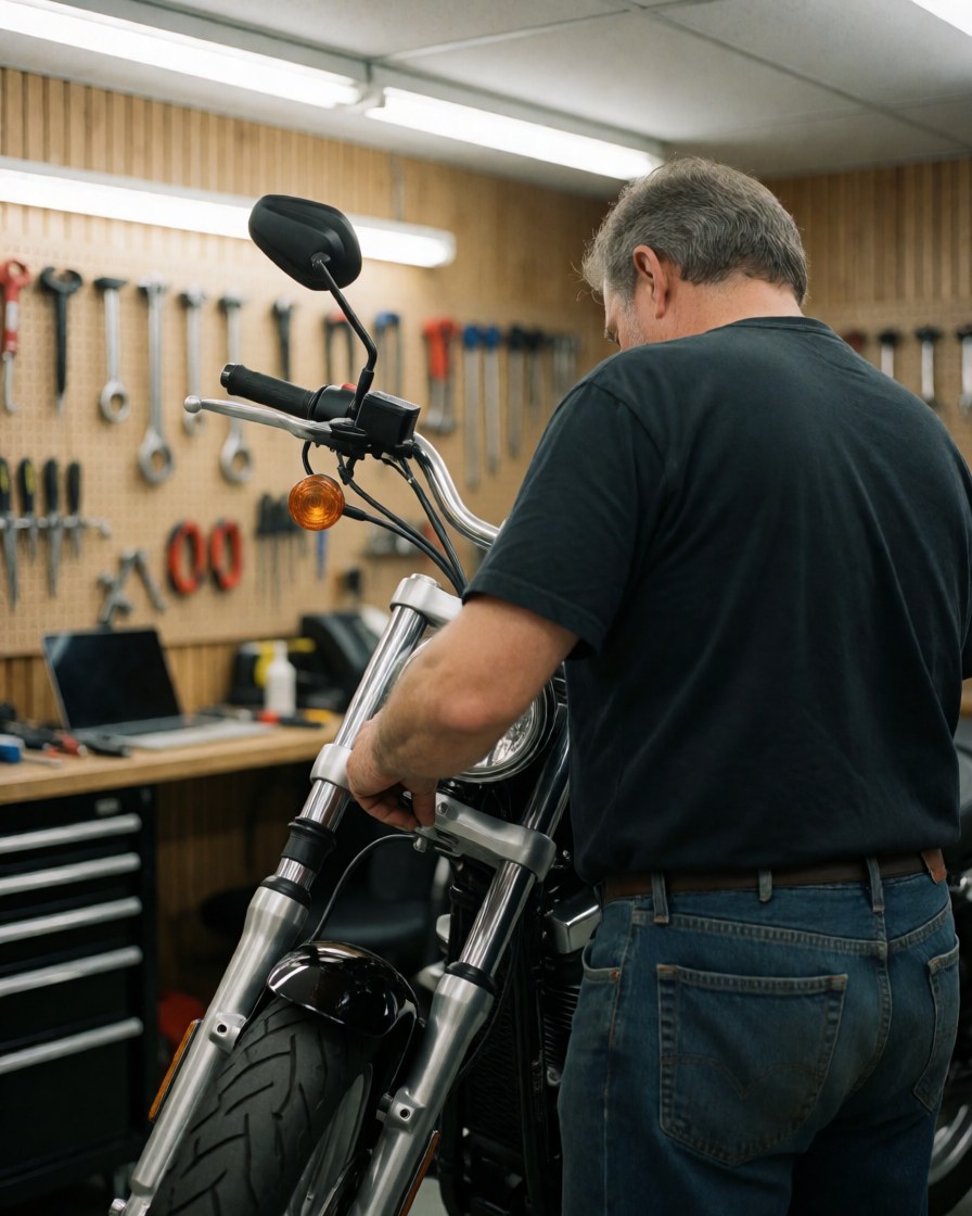 Mécanicien en train de régler la fourche d'une moto dans un atelier avec des outils suspendus sur un mur en planches claires.