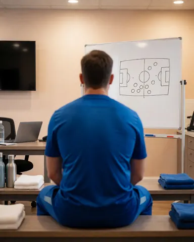 Un joueur de football assis sur un banc observe des explications tactiques sur un tableau dans un environnement d'entraînement professionnel avec des murs beige et des vêtements bleus.