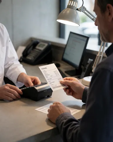 Un client reçoit un ticket au guichet du zoo, montrant des mains et un terminal de paiement sur un comptoir en béton.