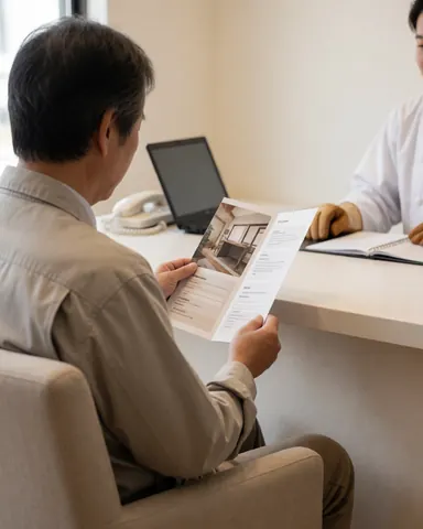 Une cliente consulte un dépliant en présence d'un professionnel dans un bureau lumineux avec des bureaux rangés et une lumière naturelle.