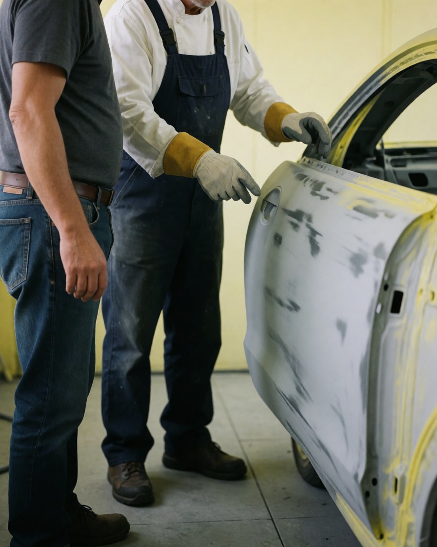 Un technicien en tenue de protection applique de l'apprêt gris sur une portière automobile tandis qu'un client observe les travaux dans un atelier aux murs jaunes.