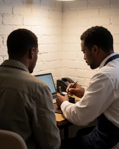 Un horloger professionnel travaille sur un mécanisme de montre ouvert avec des outils tandis qu'un client observe attentivement la réparation dans un atelier.