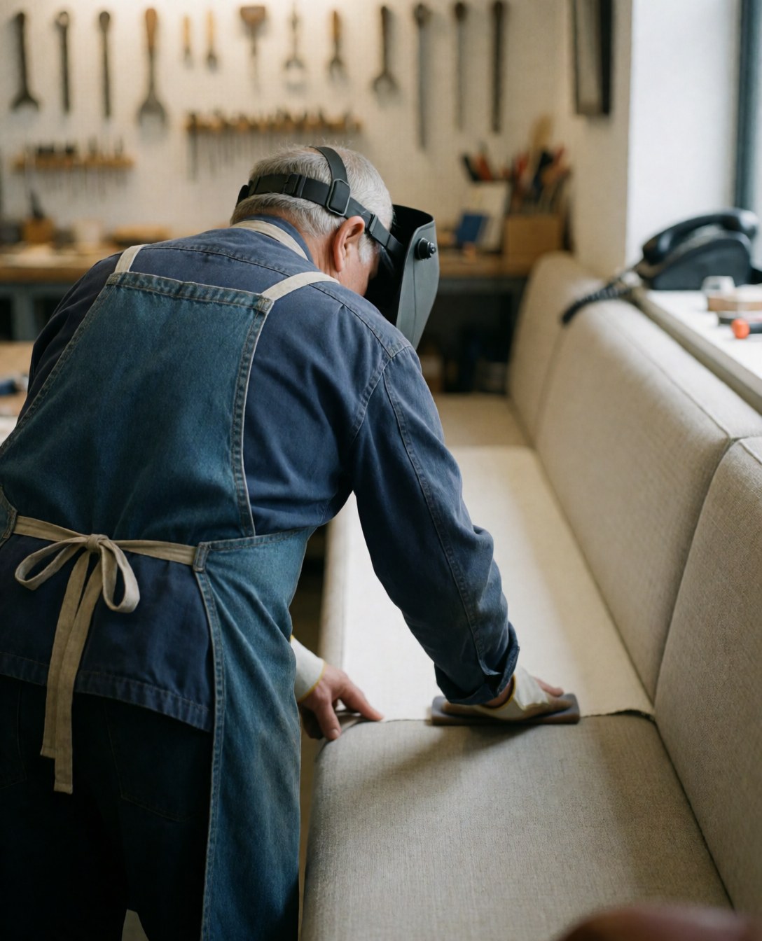 Un tapissier portant un casque de protection ajuste le tissu d'une banquette dans un atelier bien éclairé avec des outils suspendus au mur.
